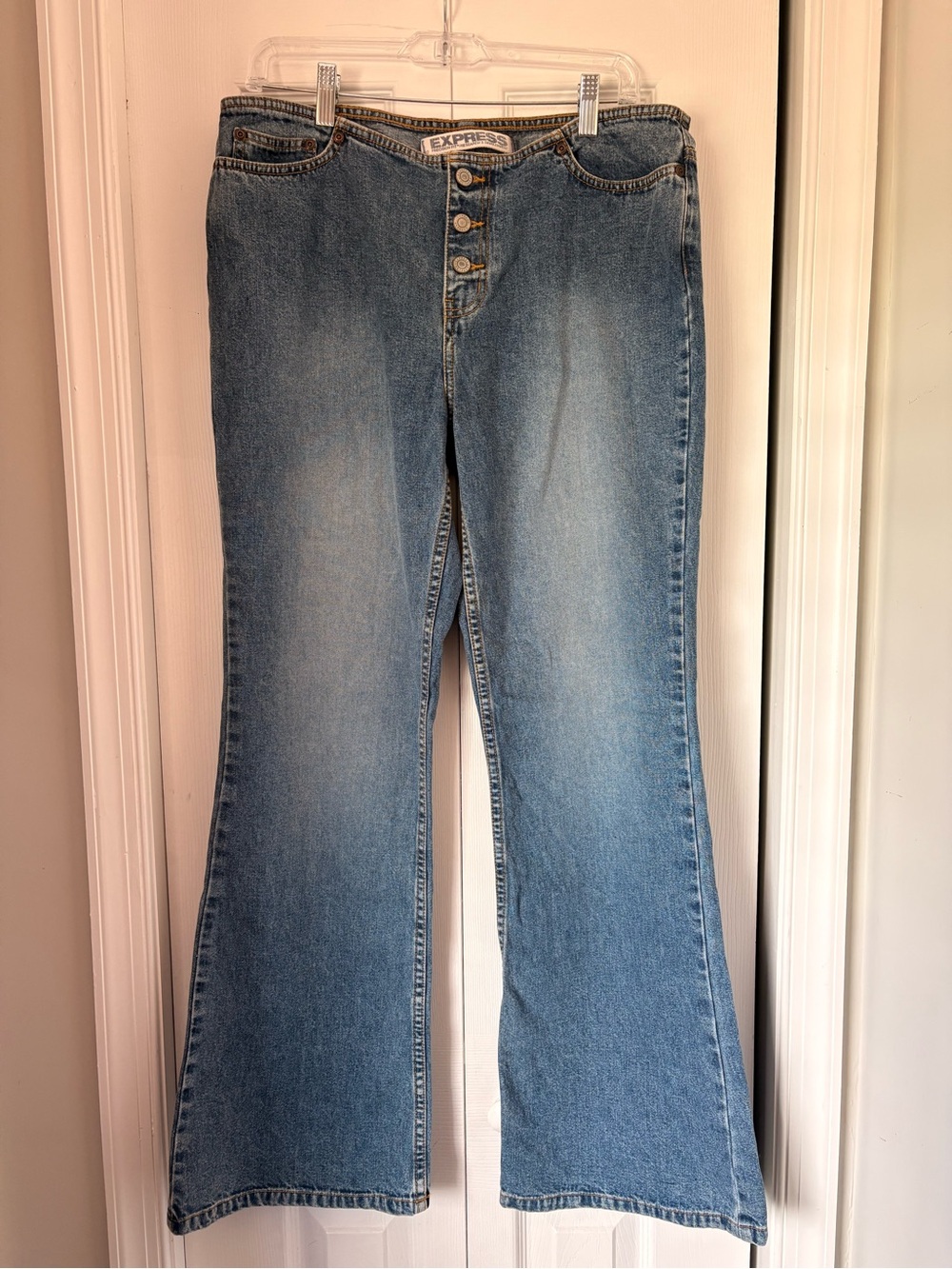 Vintage Express Women's Light Blue Low-Rise Button Fly Hipster Flare Jeans